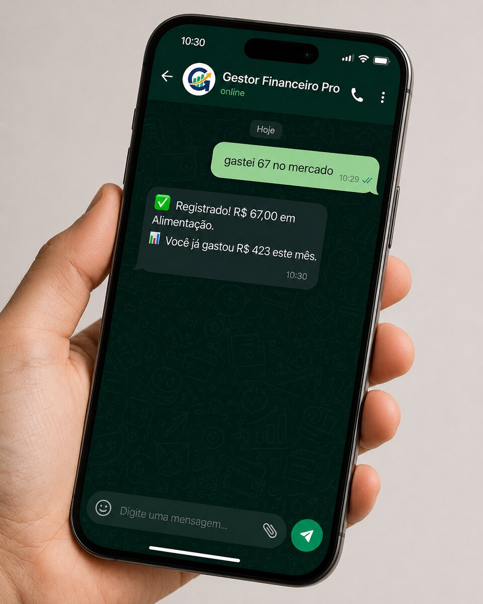 Tela do WhatsApp do Gestor Financeiro Pro registrando um gasto automaticamente e mostrando o total já gasto no mês